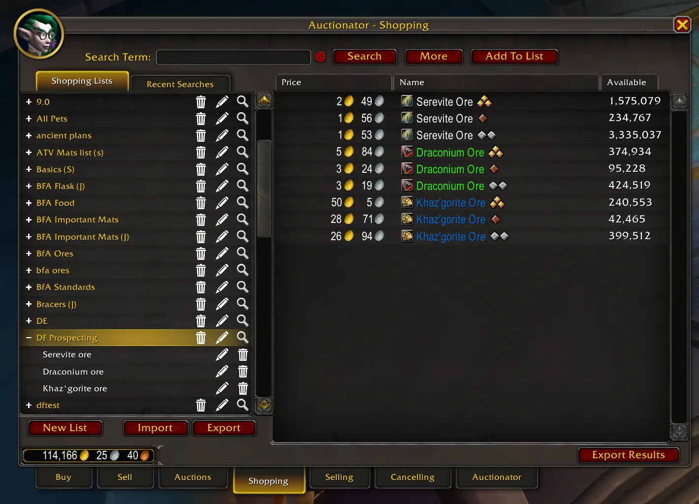 Pantalla de compras de Auctionator de 2023 en WoW moderno; objetos y precios ajenos a Forever