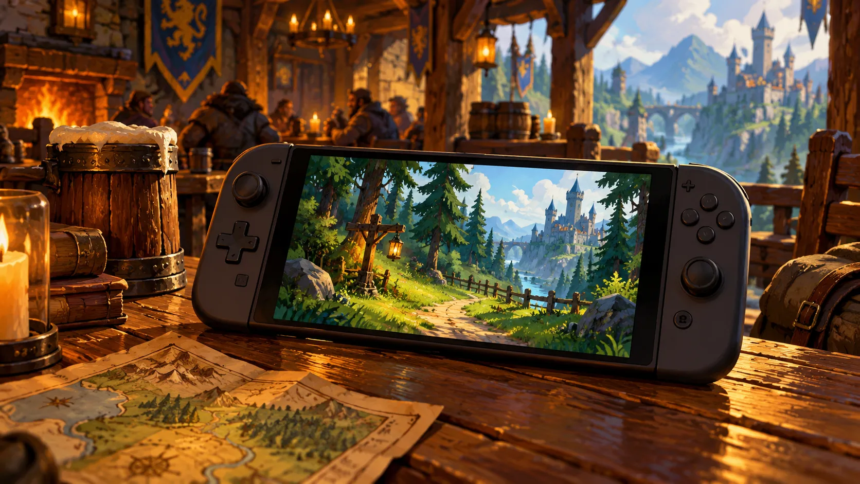 Ilustración de una consola portátil en una posada con un paisaje de fantasía en la pantalla; no es una captura de WoW Forever.