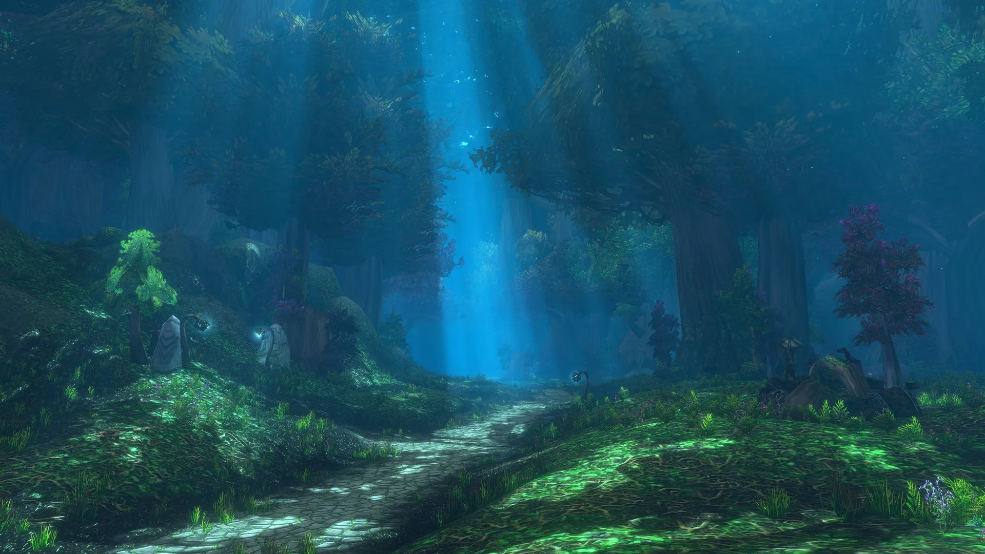 Luz azul entre los árboles de un bosque, en la presentación oficial de las mejoras de renderizado de WoW Forever.