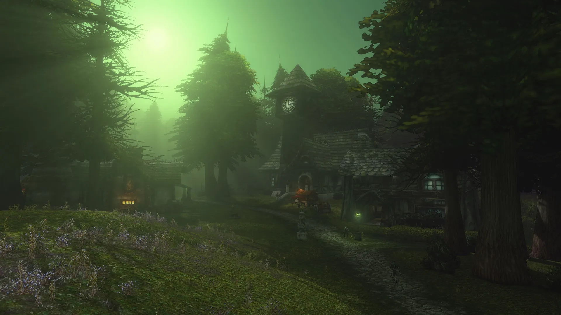 Bruma verdosa entre árboles y edificios, en una imagen de las mejoras gráficas publicada por Blizzard.