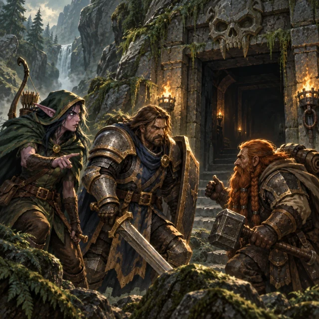 Ilustración generada: Tres aventureros se coordinan ante una mazmorra