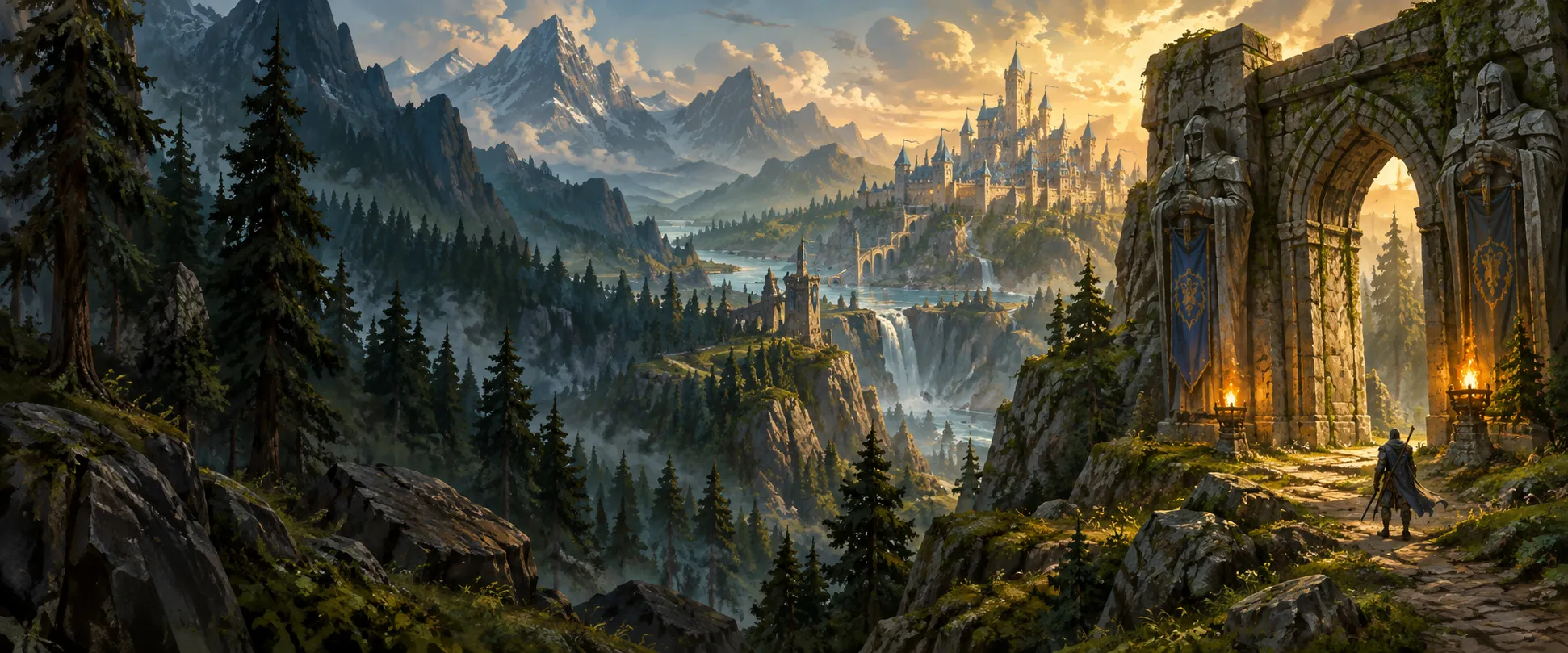 Ilustración de fantasía: fortaleza de piedra sobre un valle boscoso