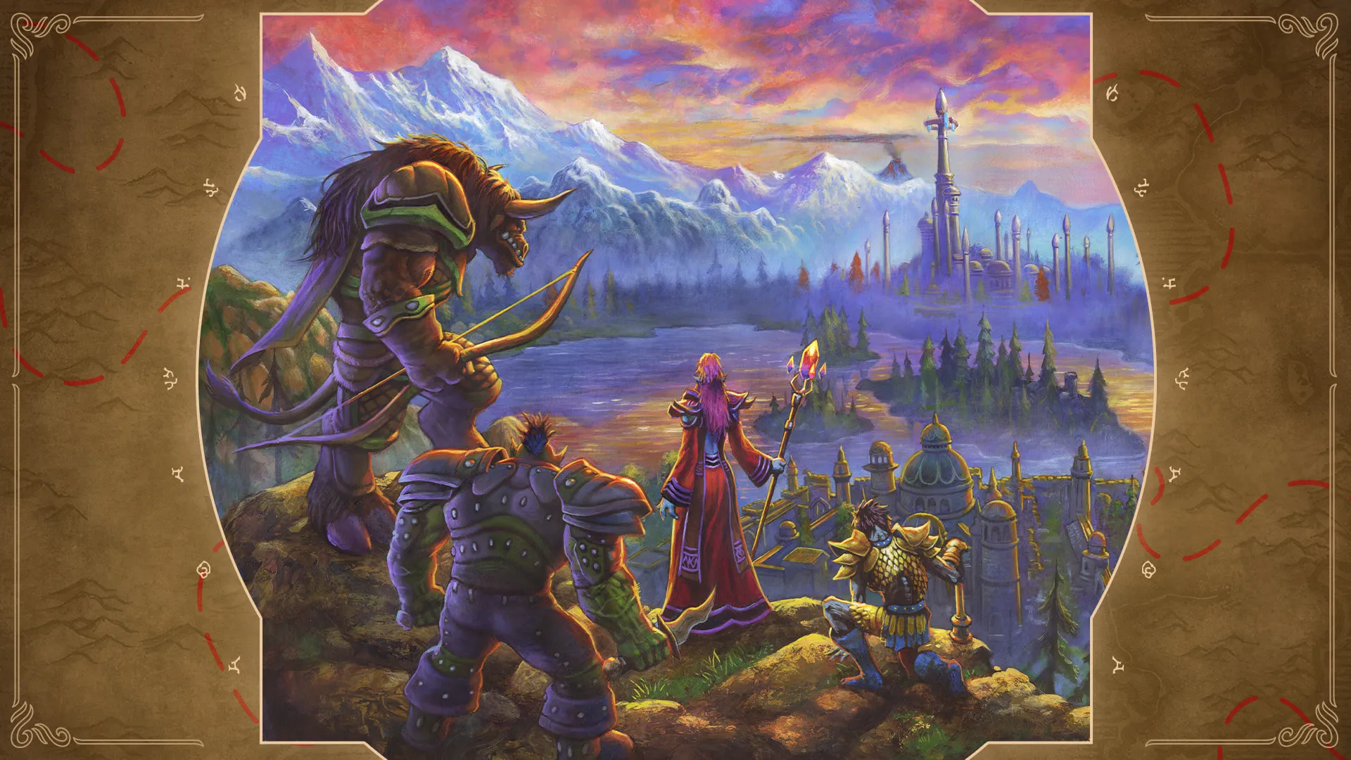 Ilustración promocional oficial de The Forever Journey: aventureros de Warcraft ante una ciudad y montañas, rodeados por un marco de mapa.
