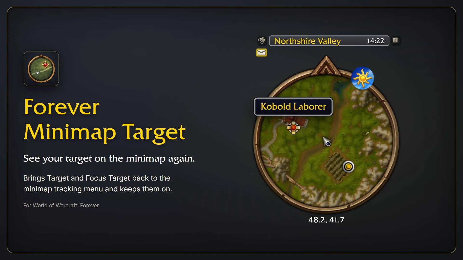 Montaje del autor de Forever Minimap Target que muestra los marcadores de objetivo y foco en el minimapa.