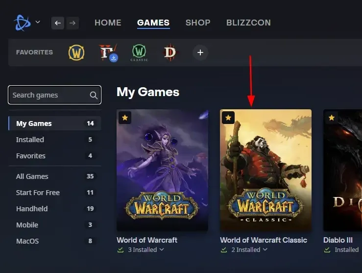 Selector de World of Warcraft en la biblioteca de Battle.net, según la guía de acceso a la beta.