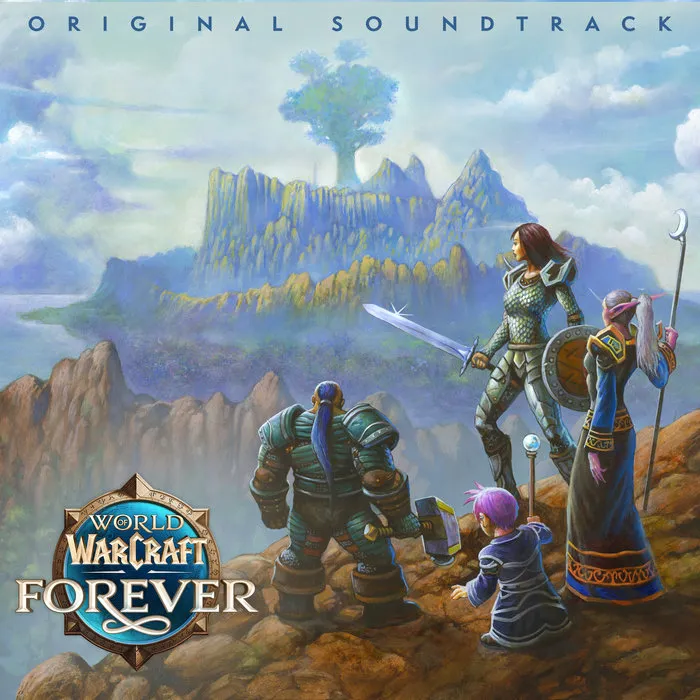 Portada oficial ilustrada de la banda sonora de WoW Forever: aventureros ante un paisaje de Azeroth.