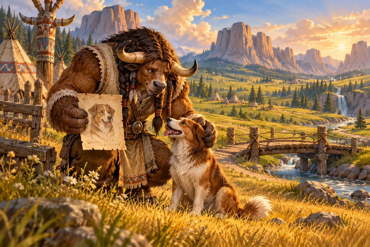 Ilustración de un tauren y su perro junto a un puente en una pradera; no reproduce una escena de la beta.