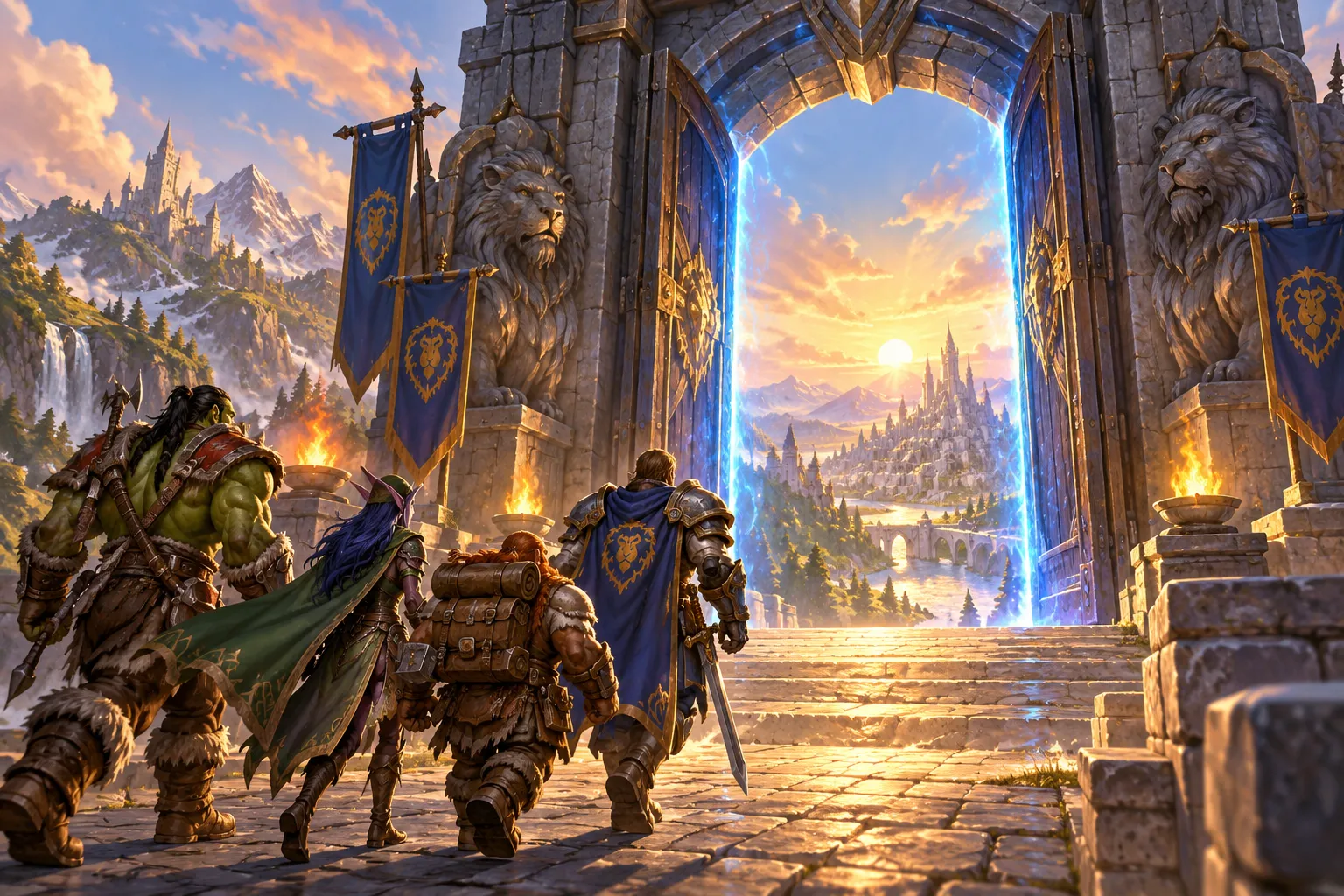 Ilustración de aventureros que atraviesan un portal abierto; representa el acceso al juego, no una captura de la beta.