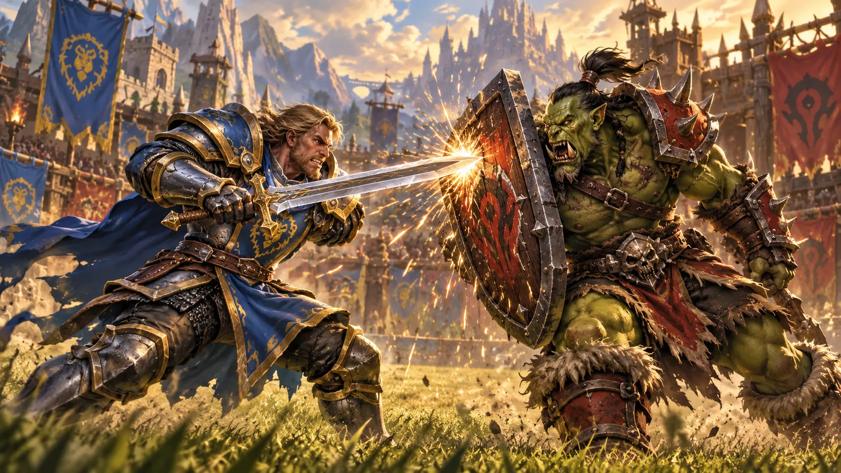 Ilustración de un humano y un orco cruzando espada y escudo en un combate; no es una captura de la beta.