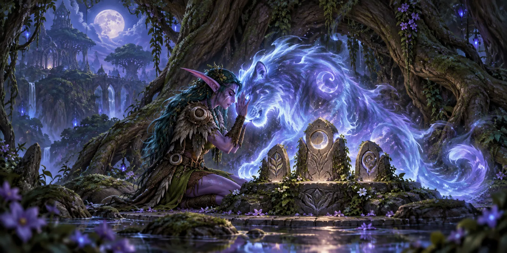 Ilustración de una druida junto a un felino espectral en un bosque; no reproduce la misión del juego.