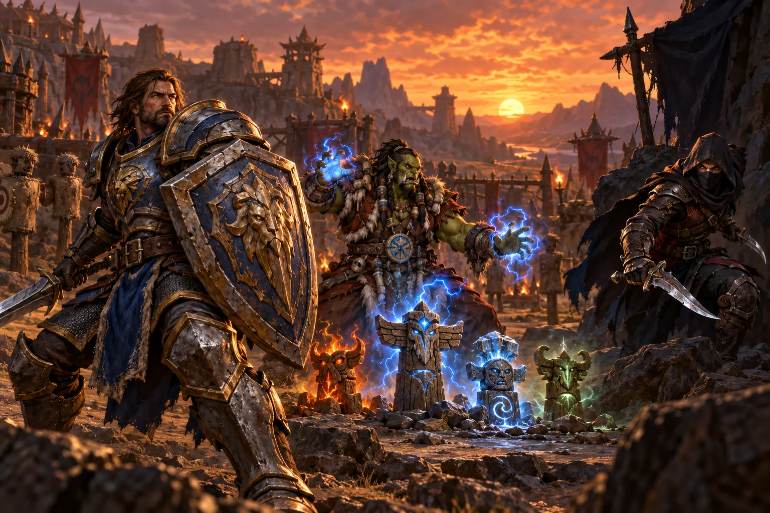 Ilustración de un guerrero con escudo, un chamán con cuatro tótems y un pícaro con dagas; no es una captura de WoW Forever.