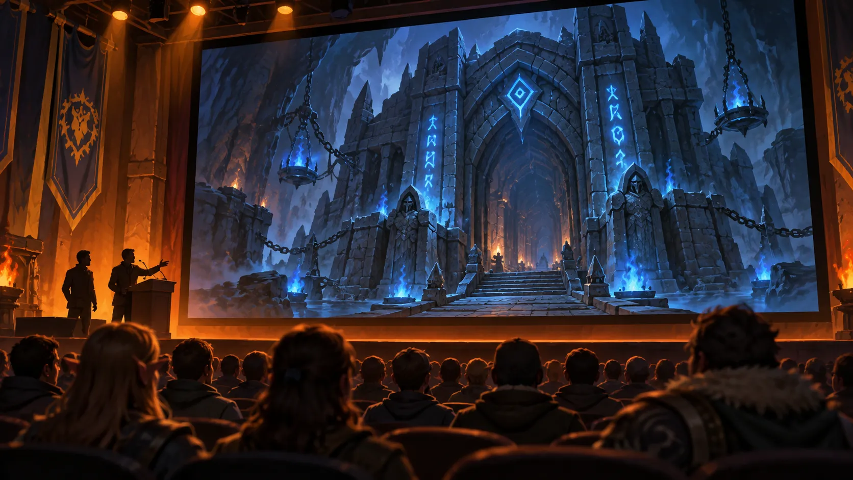 Ilustración de una presentación de fantasía en un escenario; la mazmorra dibujada es imaginaria.