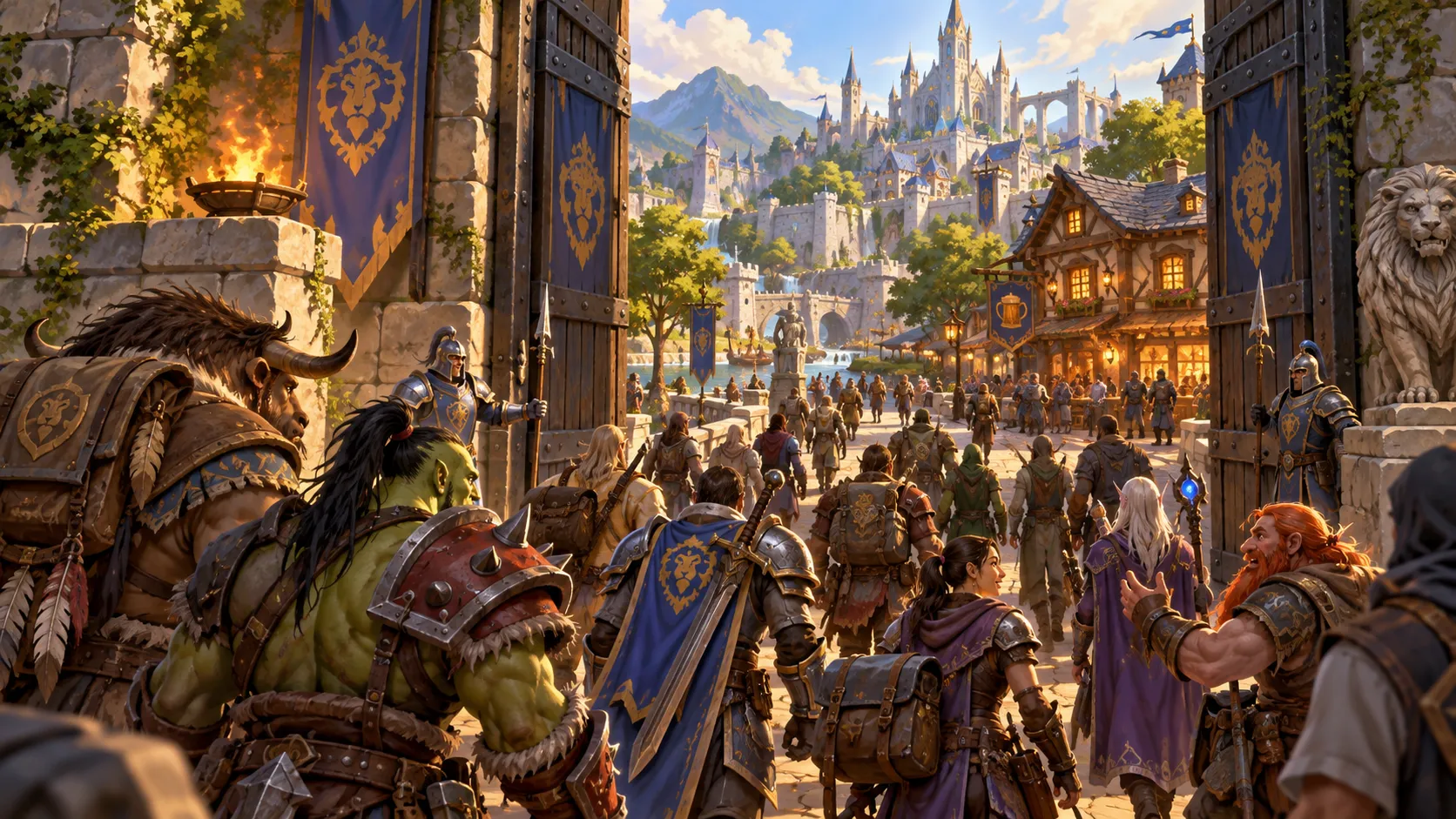 Ilustración de aventureros entrando en una ciudad de fantasía; representa el aumento de capacidad de la beta.