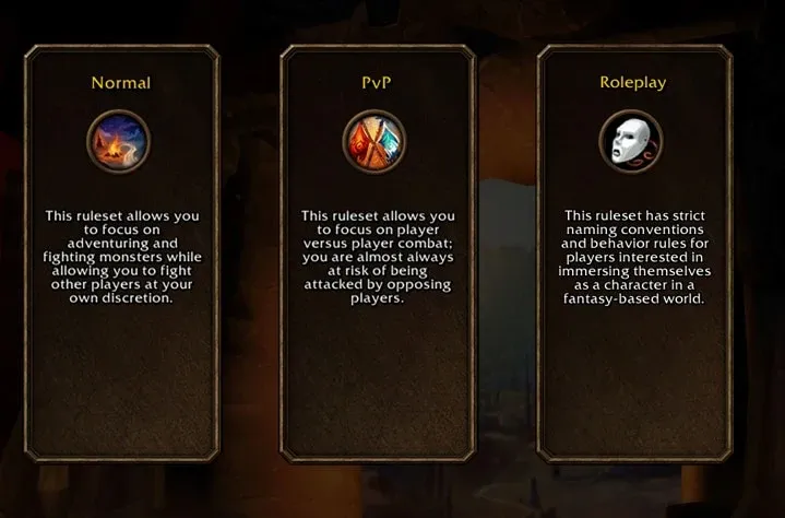 Selector de los conjuntos de reglas Normal, JcJ y Juego de rol de Forever.