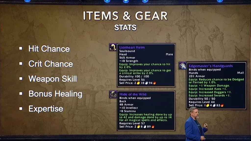 Diapositiva de Blizzard sobre estadísticas, habilidad con armas y equipo de Forever.