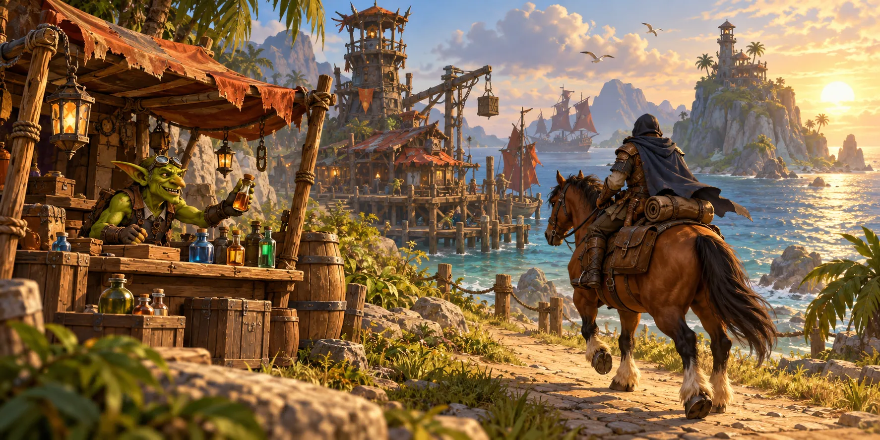 Ilustración de un viajero a caballo junto a un puerto y un puesto de mercader; no es una captura del juego.