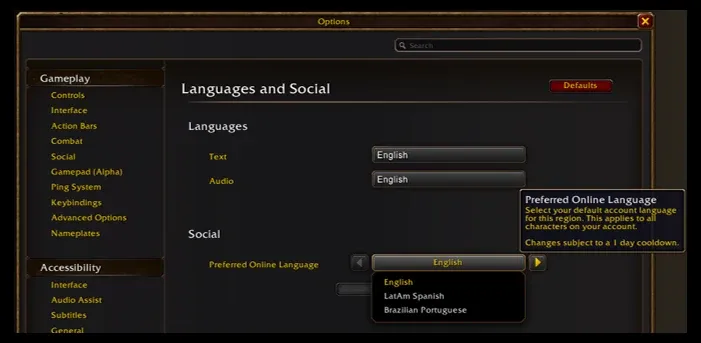 Opciones de idioma y preferencias sociales de Forever mostradas por Blizzard.