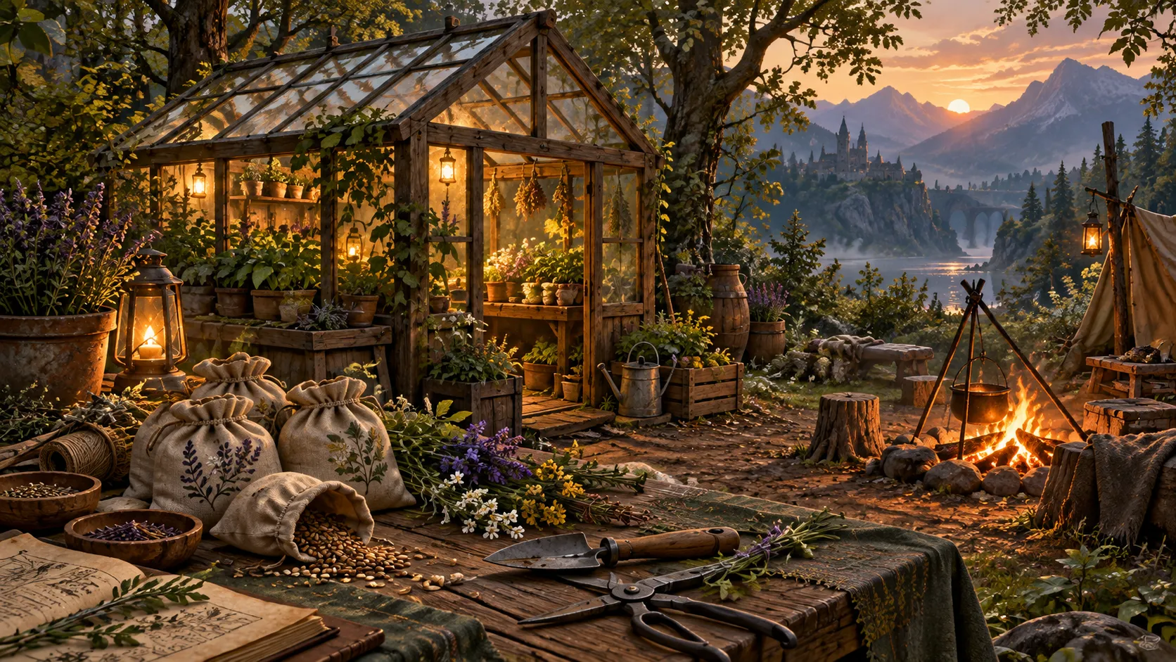 Ilustración de un pequeño invernadero, semillas y una fogata en un campamento boscoso; no es una captura del juego.
