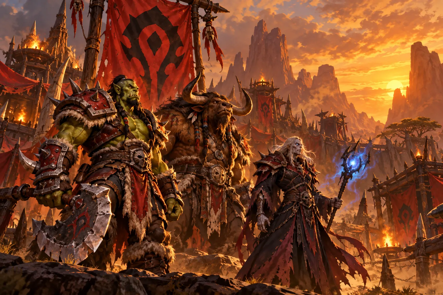 Ilustración de un orco, un tauren y un no-muerto junto a un estandarte de la Horda; no representa miembros reales de La Masonería.
