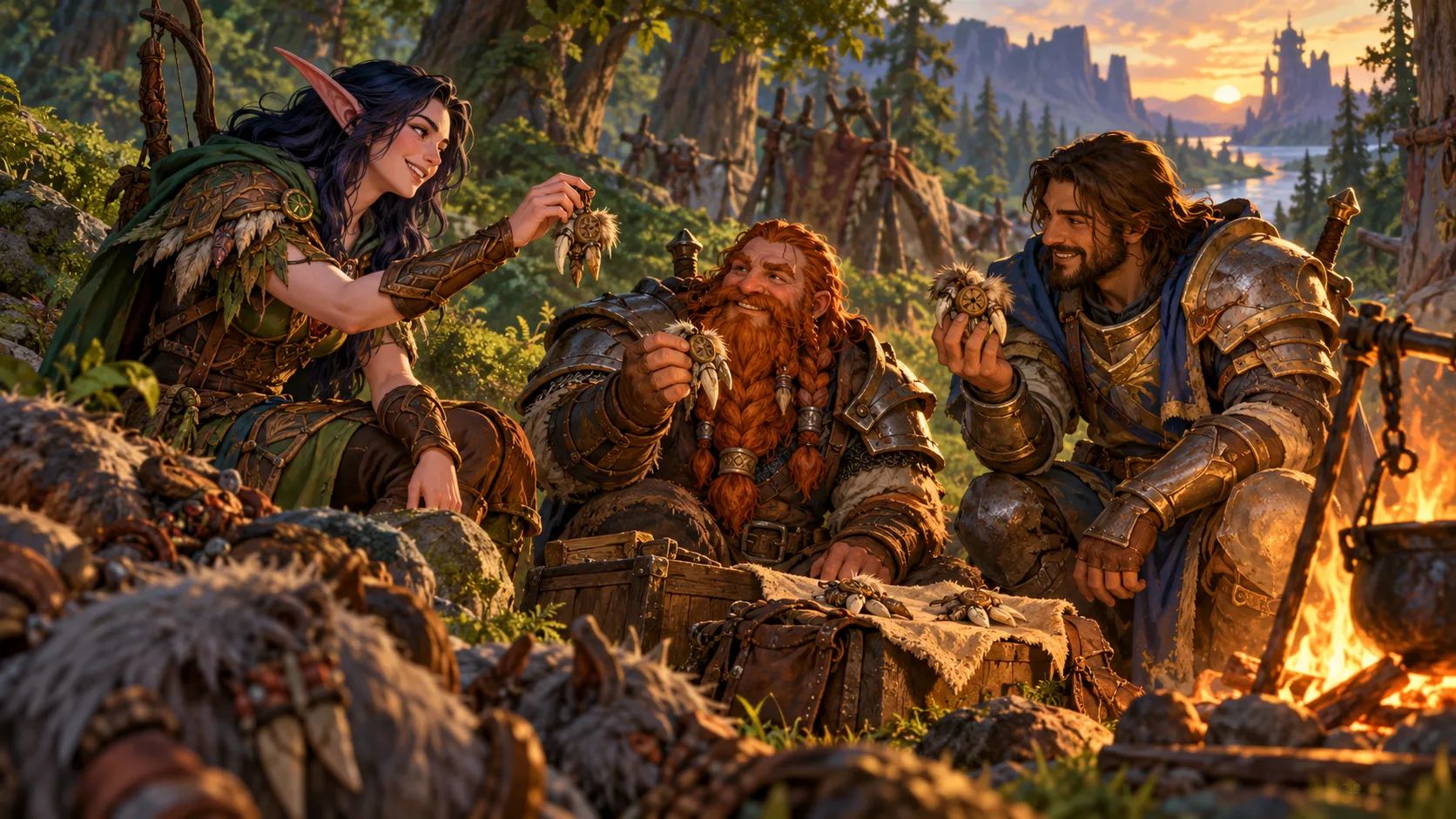 Ilustración de tres aventureros compartiendo amuletos en un campamento; representa la cooperación al hacer misiones.