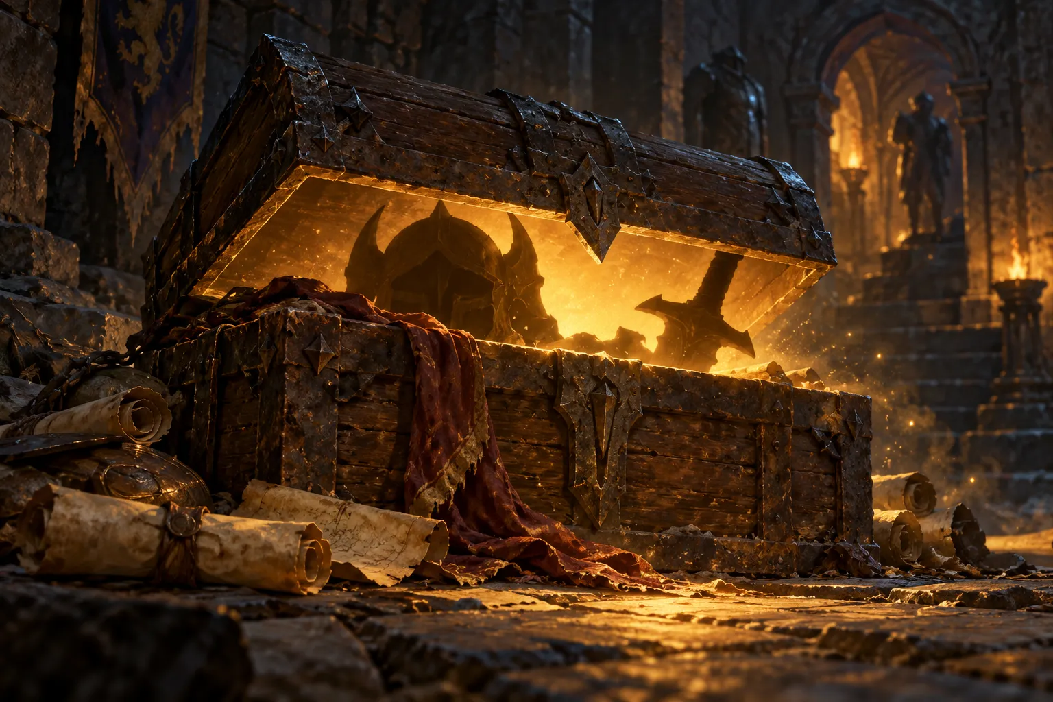 Ilustración de un cofre con equipo en penumbra; representa botín por descubrir, no objetos concretos ni una captura de WoW Forever.
