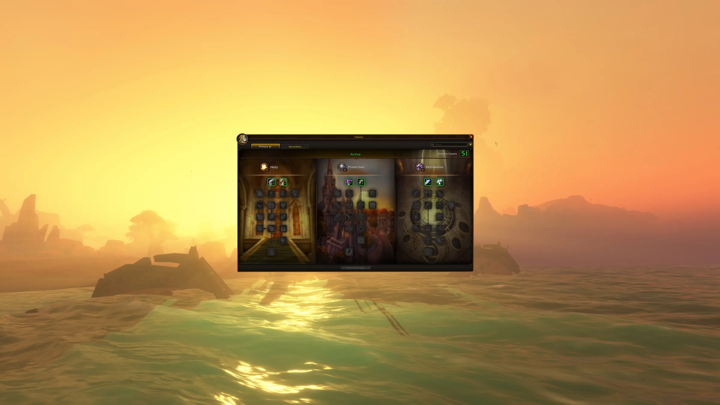Composición oficial de Blizzard con el árbol de talentos del paladín sobre un paisaje al atardecer.