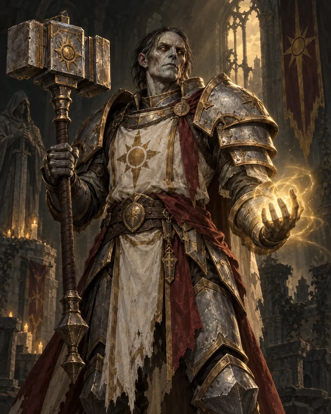 Ilustración de un paladín no-muerto con armadura y luz sagrada