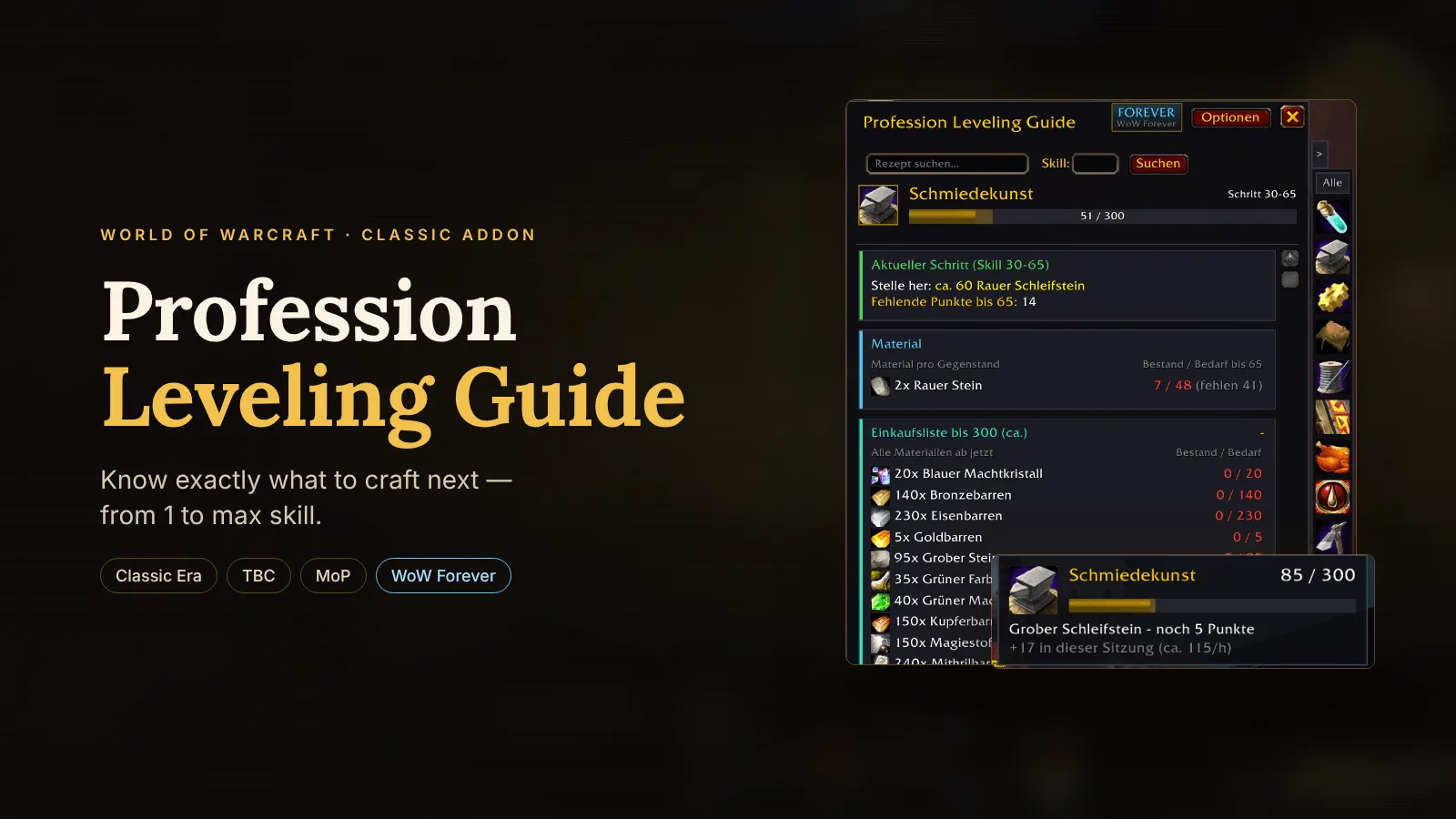 Panel de presentación de Profession Leveling Guide del autor con su guía de herrería.