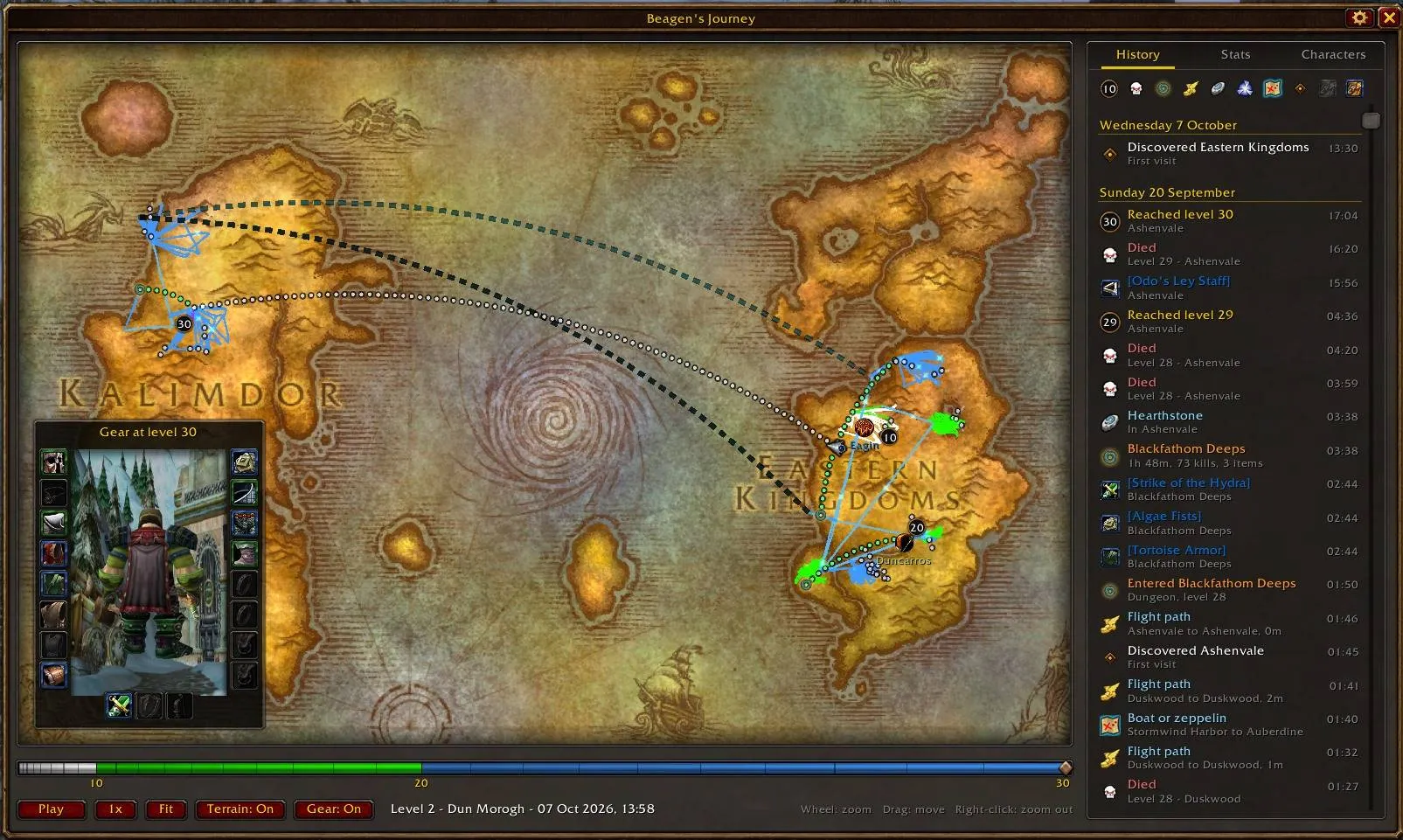 Mapa de Road To Sixty con recorridos entre continentes, historial y equipo del personaje, en una captura de Hotdoghands.