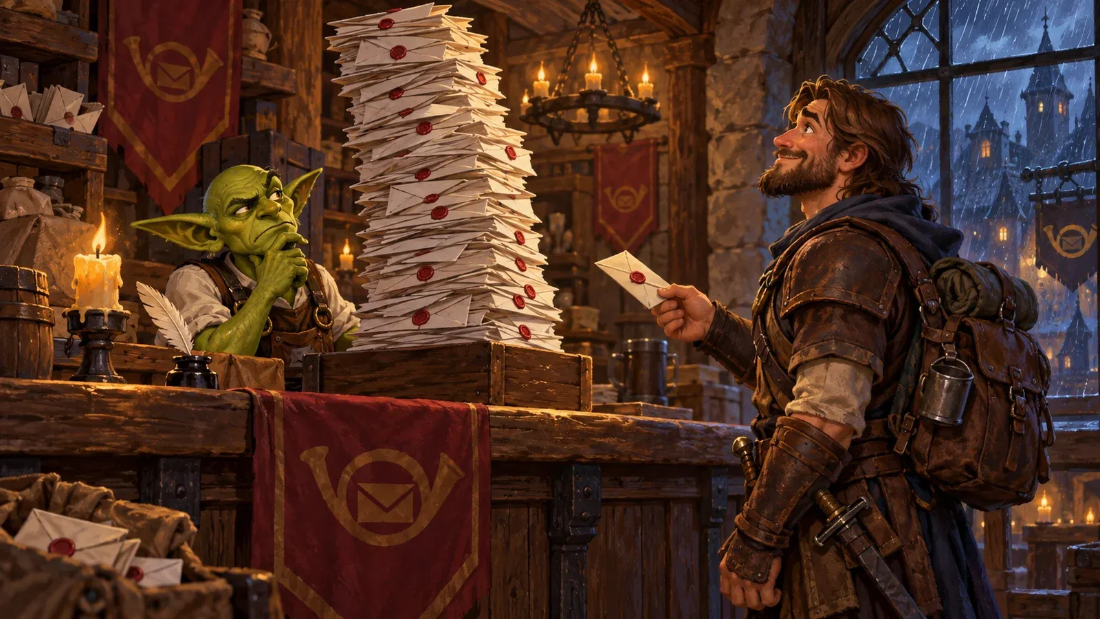 Ilustración de un goblin rodeado de solicitudes y un aventurero que espera para entregar su carta.