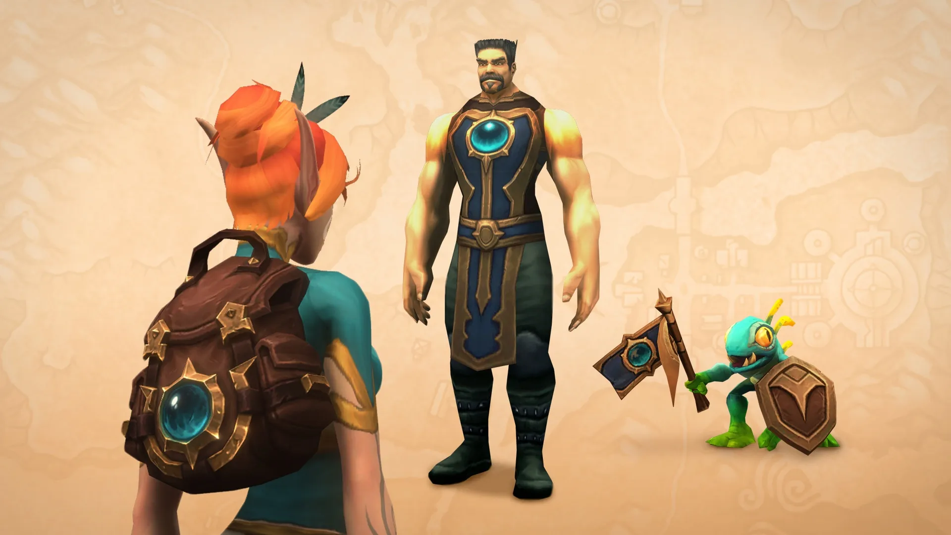 Composición oficial con la mochila de explorador eterno, el tabardo de exploración eterna y la mascota Azurky para Forever.