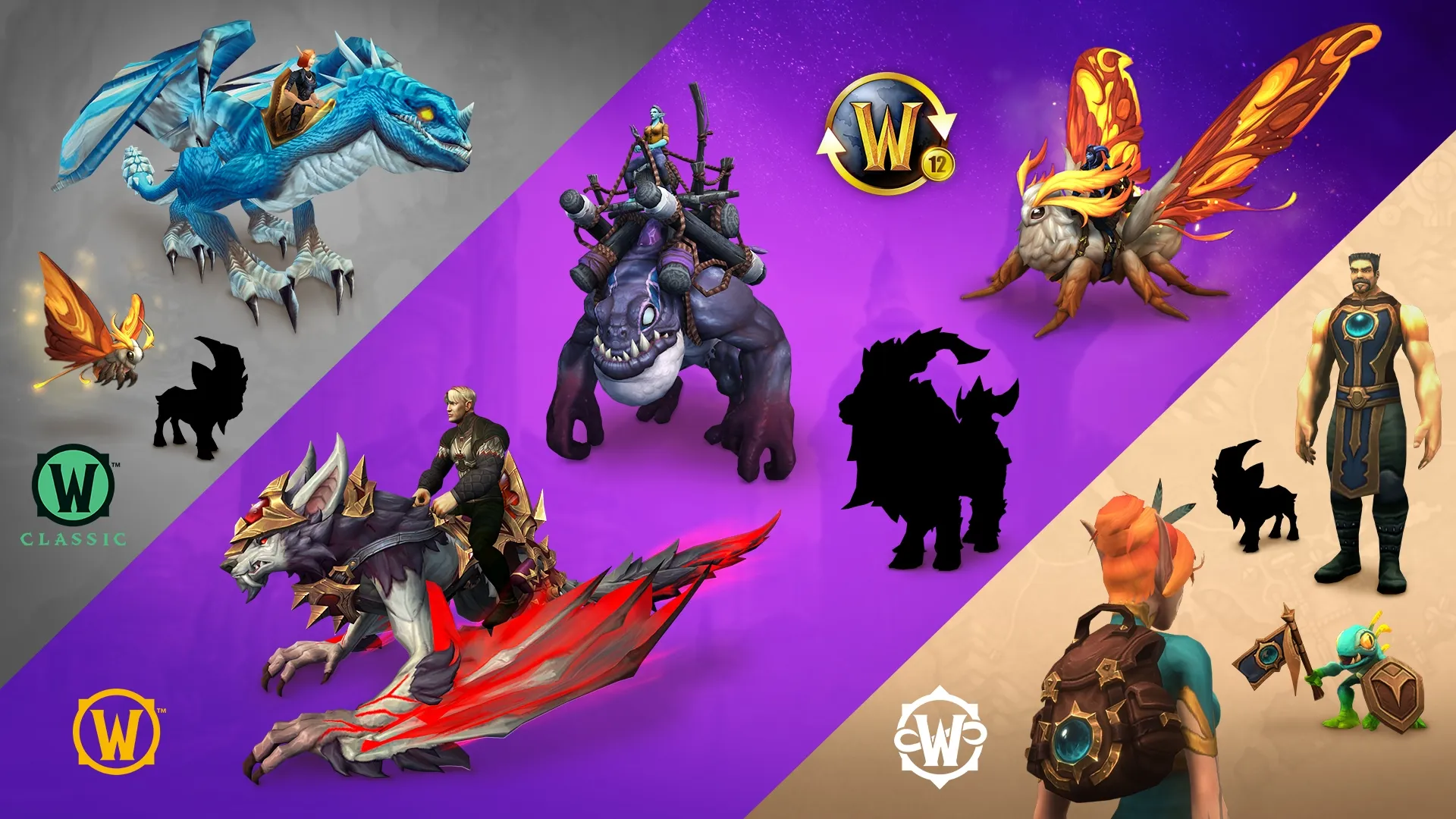 Composición promocional de Blizzard que separa recompensas de WoW moderno, Classic y Forever; las monturas no pertenecen a Forever.