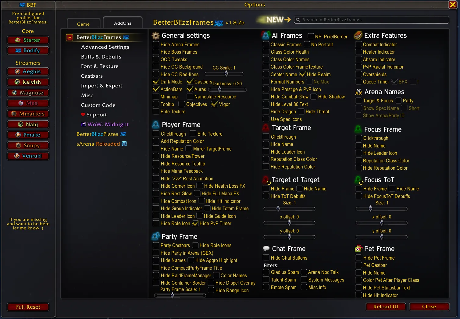 Panel de BetterBlizzFrames 1.8.2b; opciones de una versión anterior, no prueba de funciones de combate en Forever