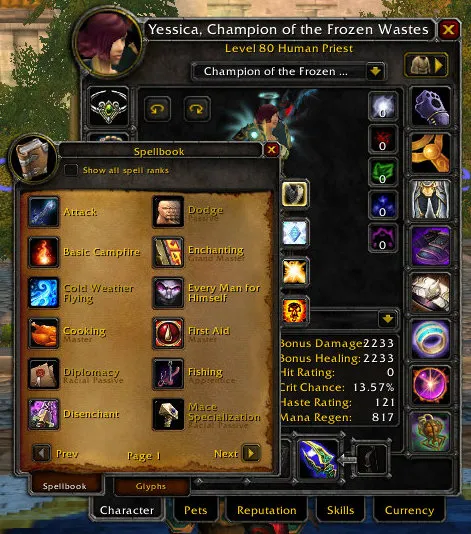 Captura histórica de BlizzMove con el libro de hechizos desplazado sobre la ficha del personaje; no corresponde a Forever