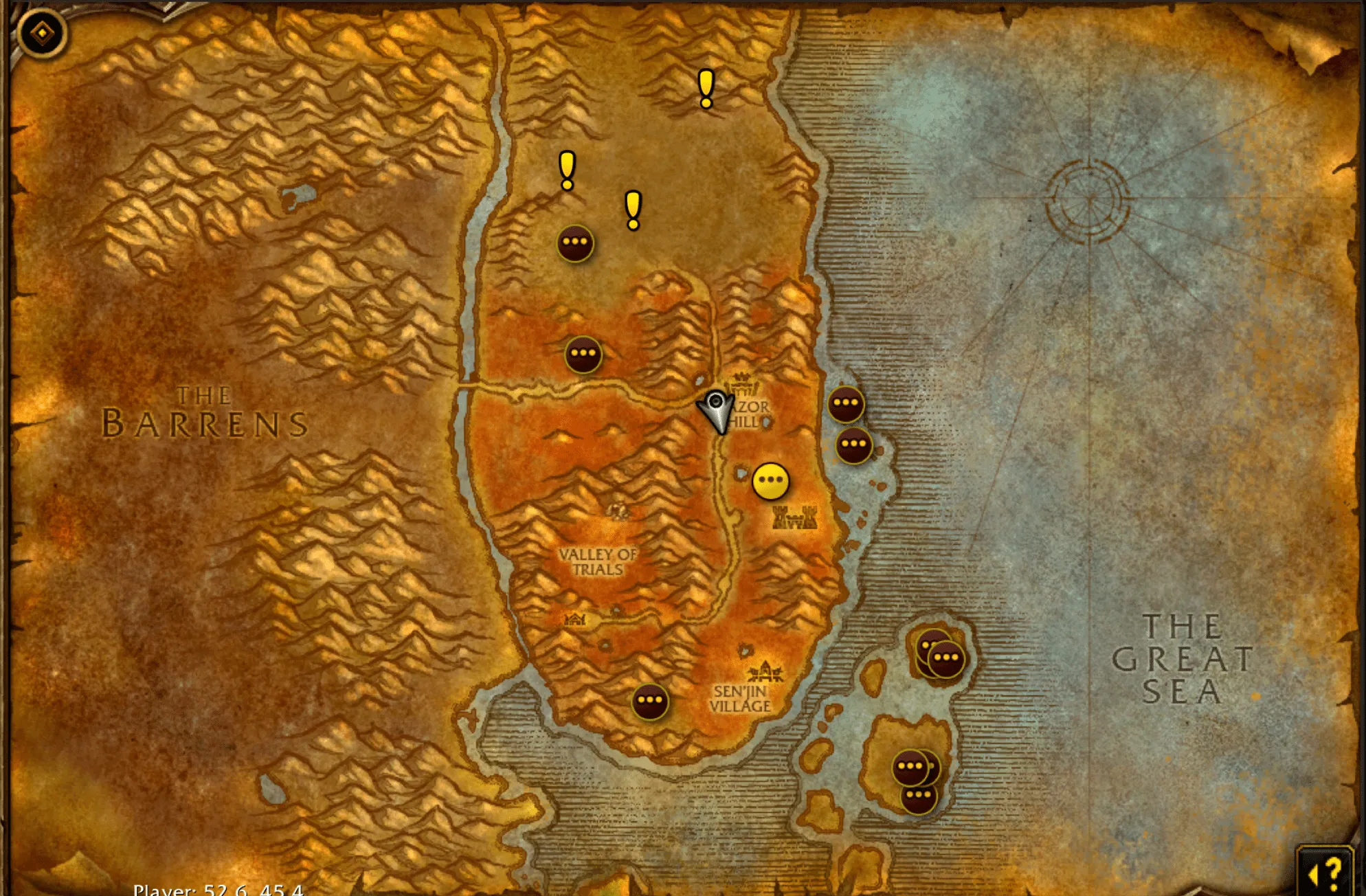 Captura del autor de Forever Quest Pins con marcadores de inicio de misiones en Durotar
