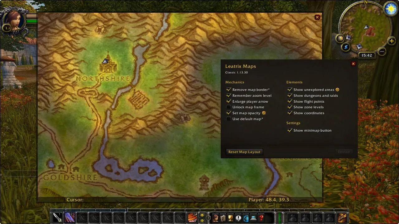 Mapa y opciones de Leatrix Maps en Classic 1.13.30; referencia anterior a Forever