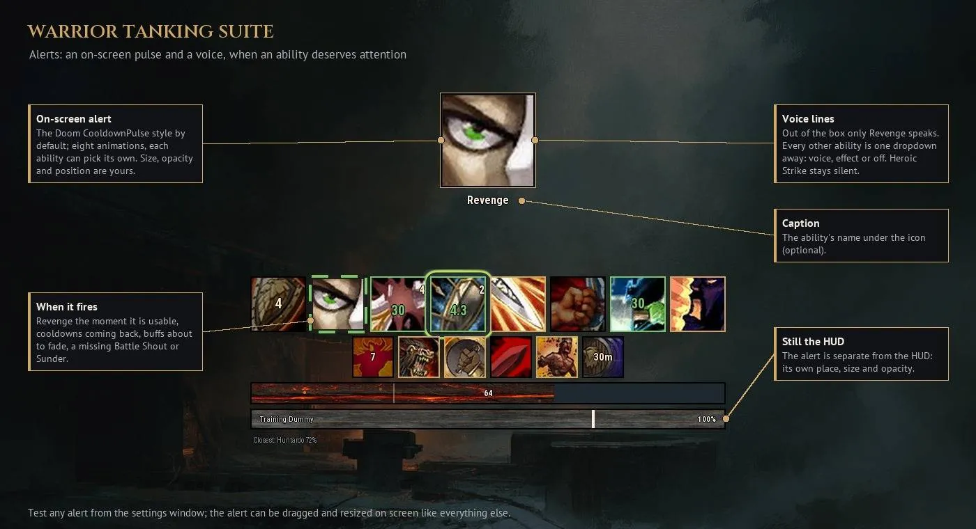 Vista de ejemplo de Iamthedot con un aviso de Revancha y los indicadores de ira y amenaza de Warrior Tanking Suite.