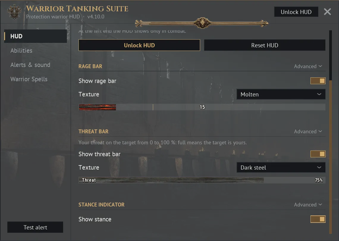 Vista de ejemplo del autor con los ajustes de Warrior Tanking Suite 4.10.0 y sus controles de ira, amenaza y actitud.