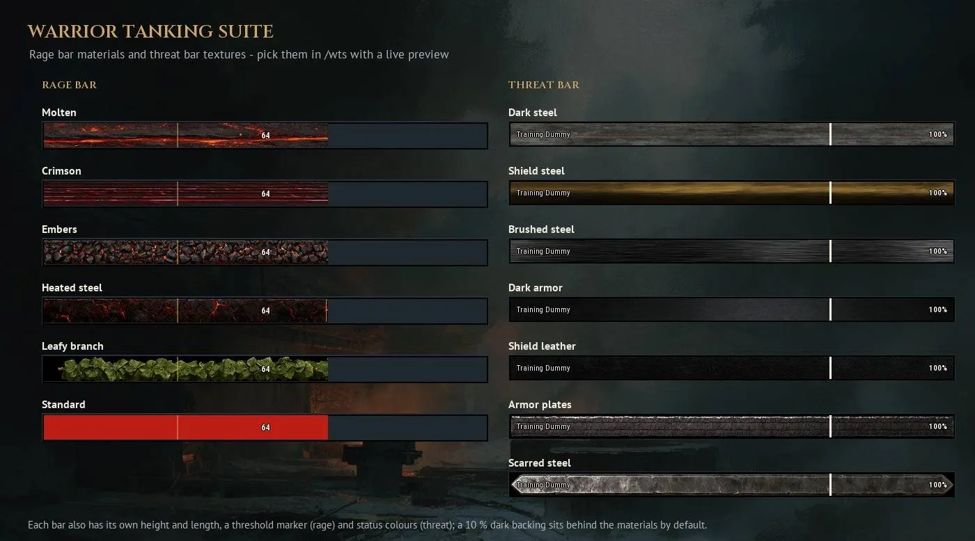 Diagrama del autor con distintas texturas para las barras de ira y amenaza de Warrior Tanking Suite.