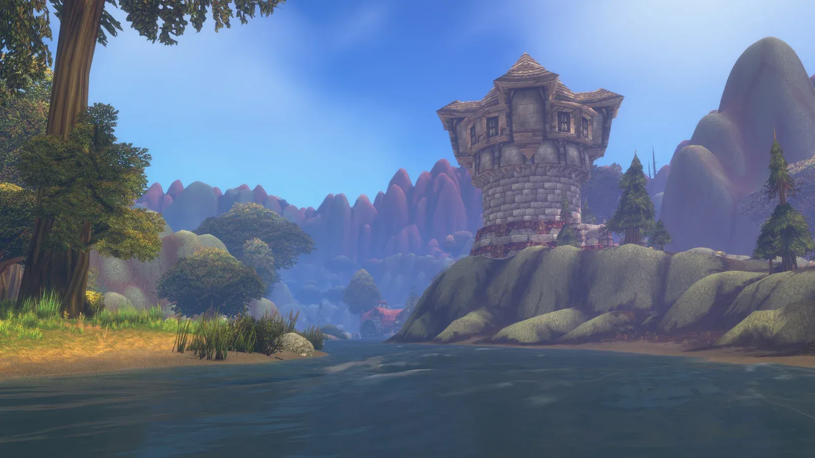 Paisaje con una torre junto a un río en WoW Forever